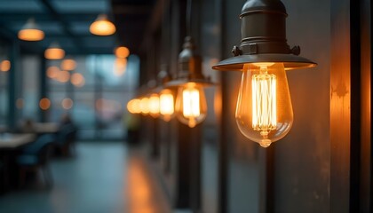 Aufkleber - A row of industrial-style lamps glowing warmly, their light casting a soft ambiance over a spacious, blurred background. The scene exudes depth and a sleek, modern atmosphere