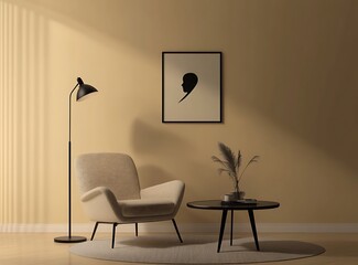 Wall Mural - A stylish retro living room with a cozy armchair, black floor lamp, and coffee table, with a wall mock-up frame featuring a minimalist Scandinavian portrait line art design