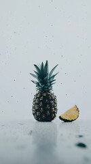 Canvas Print - Single pineapple slice, minimalist still life, water droplets background, food photography