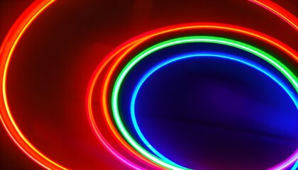 Wall Mural - Bright, multicolored neon rings arranged in concentric circles glow vividly against a dark backdrop, forming a captivating and dynamic light display that radiates energy in a hypnotic, swirling patter