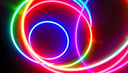 Aufkleber - Bright, multicolored neon rings arranged in concentric circles glow vividly against a dark backdrop, forming a captivating and dynamic light display that radiates energy in a hypnotic, swirling patter