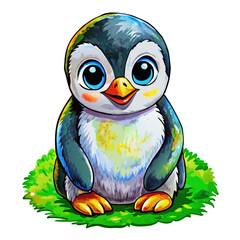 Wall Mural - Vector illustration of a baby penguin on the grass on white background - Generative AI
