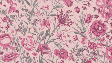  Vintage Floral Pattern With Pink Blossoms and Elegant Botanical Elements
