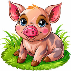 Wall Mural - Vector illustration of a baby piglet on the grass on white background - Generative AI
