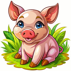 Wall Mural - Vector illustration of a baby piglet on the grass on white background - Generative AI
