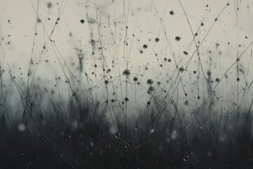  Abstract grayscale artwork depicting delicate, interconnected lines resembling plants or veins with dewdrop-like elements, creating a misty, ethereal atmosphere.