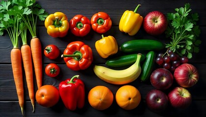 Wall Mural - A vibrant assortment of fresh vegetables and fruits displayed on a dark wooden surface