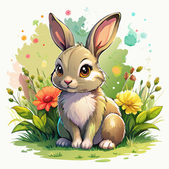 Wall Mural - Vector illustration of a baby rabbit on the grass on white background - Generative AI
