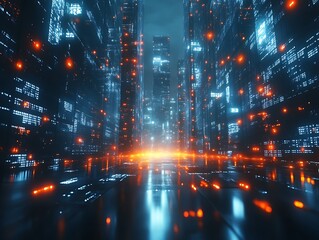 futuristic city of digital code at night.
