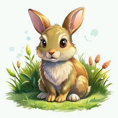 Wall Mural - Vector illustration of a baby rabbit on the grass on white background - Generative AI
