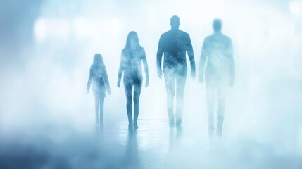 Wall Mural - Family silhouette walking away in fog, city background; hope, future