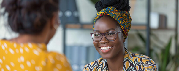 Smiling young manager in an office meeting with a colleague