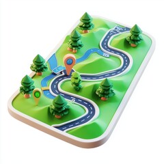 Wall Mural - 3D icon cartoon GPS navigation map with a highlighted route, isolated on a white background -