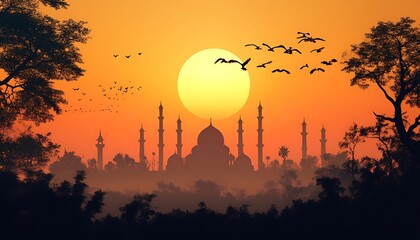 Wall Mural - Mosque silhouette at sunset. (3)