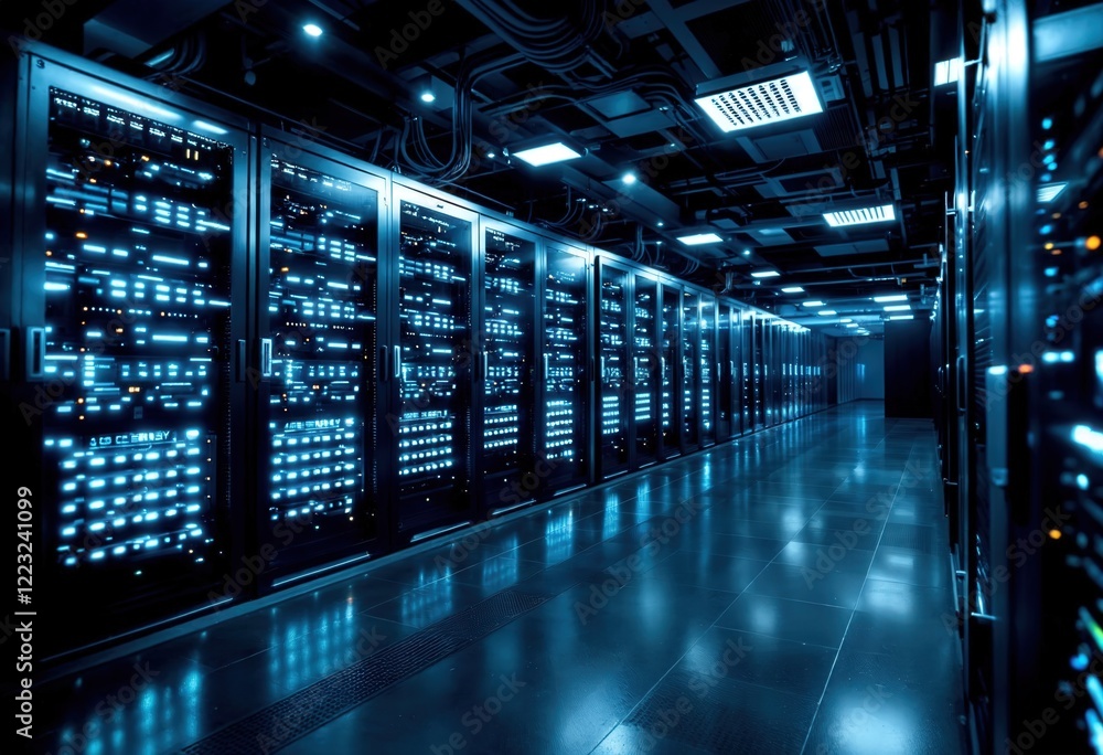 Modern Data Center With Rows of Servers and Blue LED Lighting ...