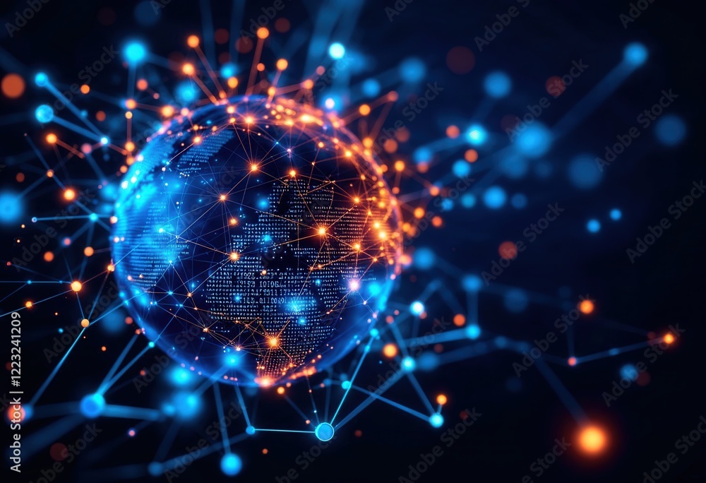 Abstract representation of a digital globe with illuminated network ...