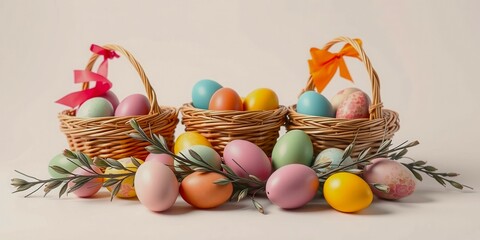 Wall Mural - Three baskets of Easter eggs are arranged on a table. The baskets are filled with a variety of colored eggs, including pink, yellow, and green