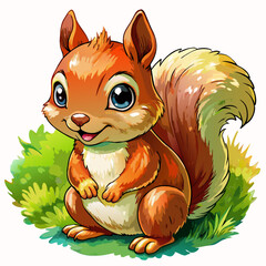 Wall Mural - Vector illustration of a baby squirrel on the grass on white background - Generative AI
