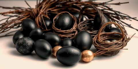 Wall Mural - A collection of black eggs and twigs arranged on a white surface. The eggs are of various sizes and are scattered around the twigs, creating a natural and rustic feel