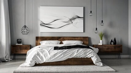 Aufkleber - Modern bedroom decor featuring wooden furniture, white bedding, and abstract art for minimalist aesthetic with stylish wooden bed and decor elements.