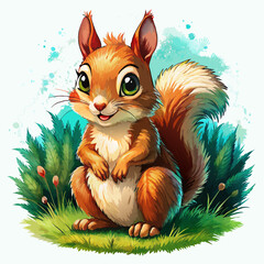 Wall Mural - Vector illustration of a baby squirrel on the grass on white background - Generative AI
