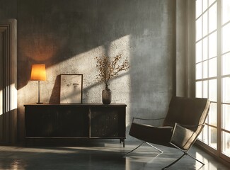 Wall Mural - Sleek modern room in dark gray tones with a concrete floor, black wooden sideboard, and armchair near the window, with warm light from a lamp creating a cozy atmosphere