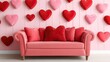 © Chopang.studio - A cozy pink couch adorned with heart-shaped pillows, set against a playful wall decorated with various shades of heart designs.