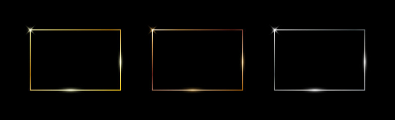 gold, silver and bronze thin frames. metal rectangle frame with glow shine and light effects. photo 