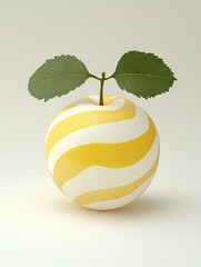 Canvas Print - Striped yellow apple with leaves, studio shot, simple background, food illustration