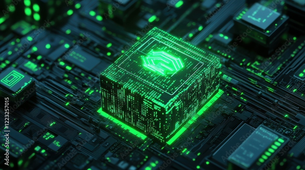 Neon green circuit board with central microchip glowing in dark ...