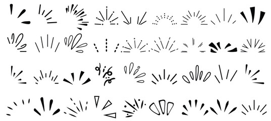 doodle sparkle vector set, sunburst, rays, starburst, hand drawn elements illustration, black lines,