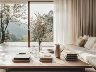 Wall Mural - A white couch is in front of a window with a view of the mountains. A vase with flowers is on the table in front of the couch. There are several books on the table