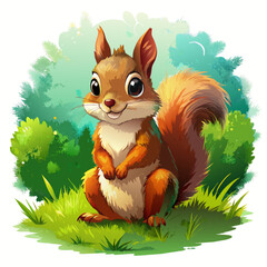 Wall Mural - Vector illustration of a baby squirrel on the grass on white background - Generative AI
