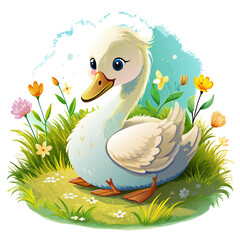 Wall Mural - Vector illustration of a baby duck on the grass on white background - Generative AI
