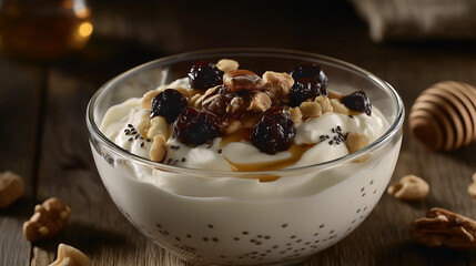 Wall Mural - A close-up of Greek yogurt in a clear bowl, its smooth surface adorned with dark, glossy berries, coarsely chopped nuts, and a cascade of rich, amber honey catching the light. 