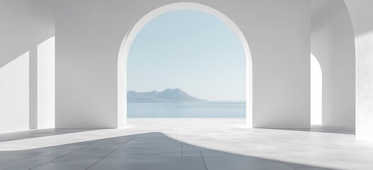 Wall Mural - Stylish and minimalistic luxury villa interior, abstract white walls, panoramic window showing the sea view