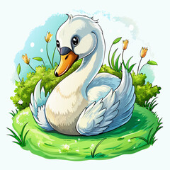 Wall Mural - Vector illustration of a baby duck on the grass on white background - Generative AI
