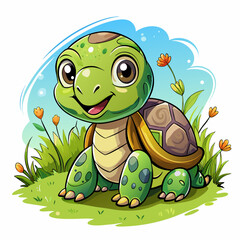Wall Mural - Vector illustration of a baby turtle on the grass on white background - Generative AI
