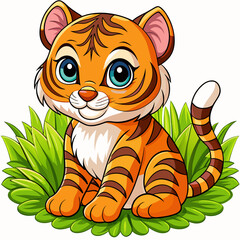 Wall Mural - Vector illustration of a baby tiger on the grass on white background - Generative AI
