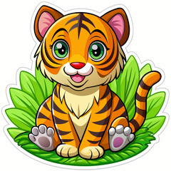 Wall Mural - Vector illustration of a baby tiger on the grass on white background - Generative AI
