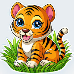 Wall Mural - Vector illustration of a baby tiger on the grass on white background - Generative AI
