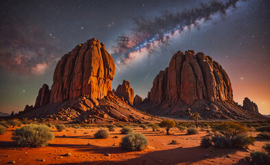 Wall Mural - The sky is filled with stars and the moon is shining brightly. The mountains in the background are covered in a reddish-brown color
