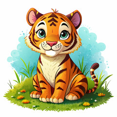 Wall Mural - Vector illustration of a baby tiger on the grass on white background - Generative AI
