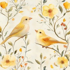 Wall Mural - Two yellow birds perched on branches amidst yellow flowers; nature background; ideal for greeting cards