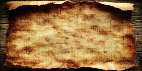 Old, stained paper sheet resting on dark wooden planks, featuring tattered edges and a vintage, grunge aesthetic that evokes history