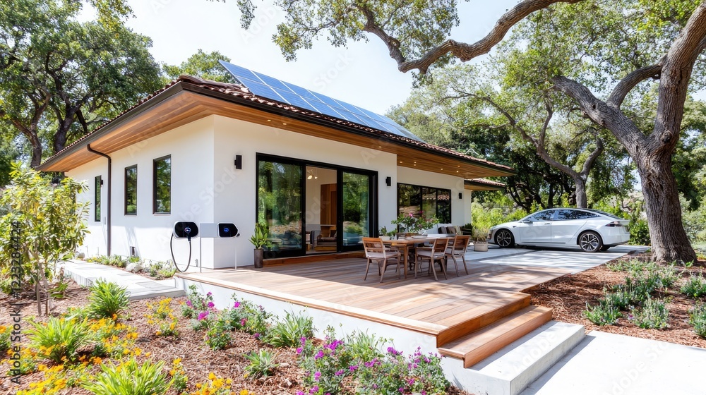 Sustainable modern house with EV charger, deck, and solar panels. Ideal ...