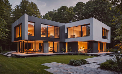 Poster - A large house with a lot of windows and a large lawn. The house is surrounded by trees and has a brick walkway leading up to it. Scene is peaceful and inviting