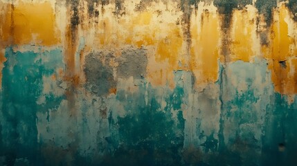 Canvas Print - Weathered wall with peeling paint showing layers of yellow and turquoise, perfect for backgrounds and textures