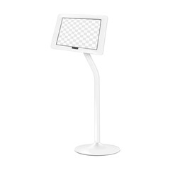 digital tablet holder on metal base with transparent screen vector mockup. floor ipad podium stand m