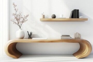 Poster - Contemporary wooden table and shelf design in a bright minimalist room with natural light